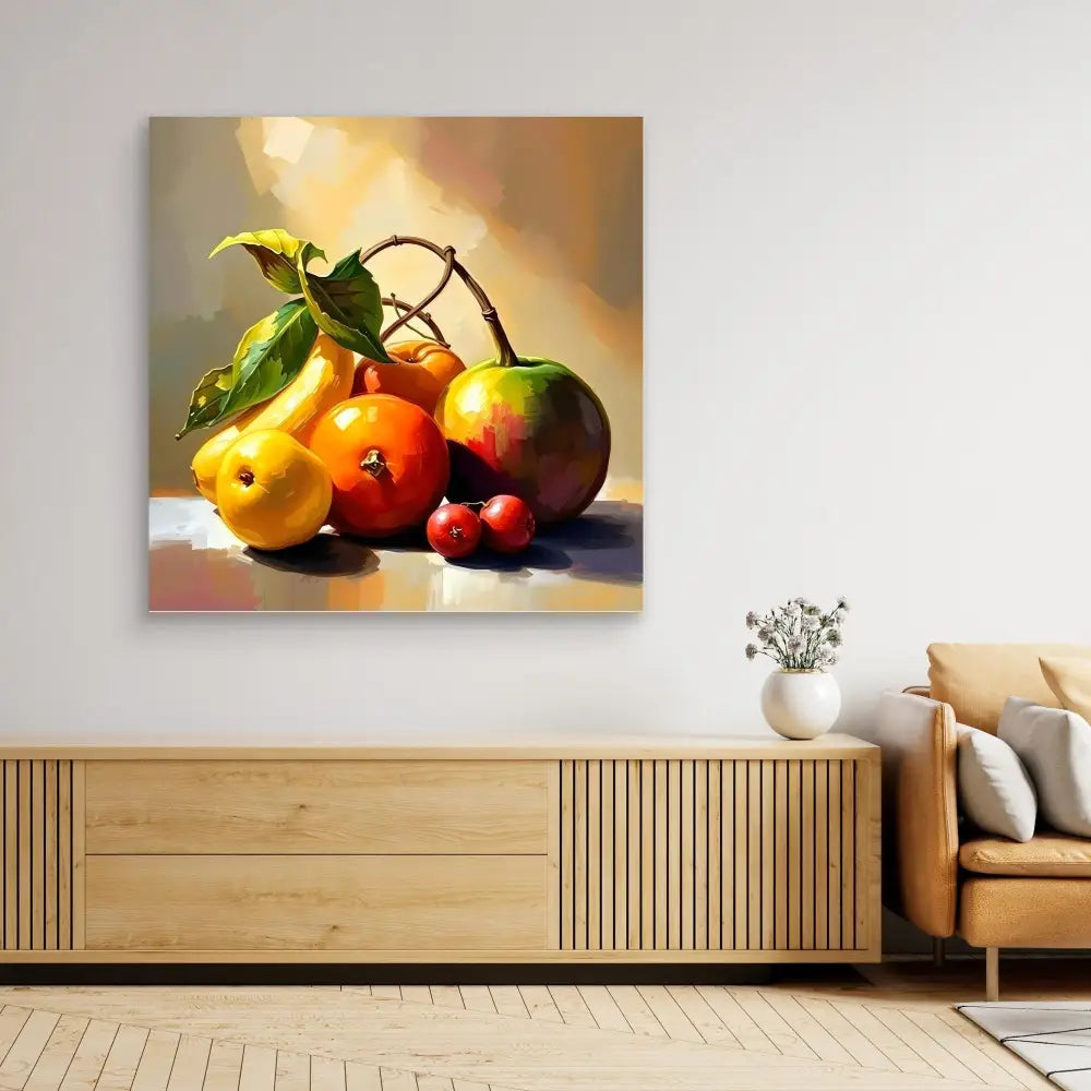 A still life painting of fresh fruits including apples, lemons and cherries with leaves attached.