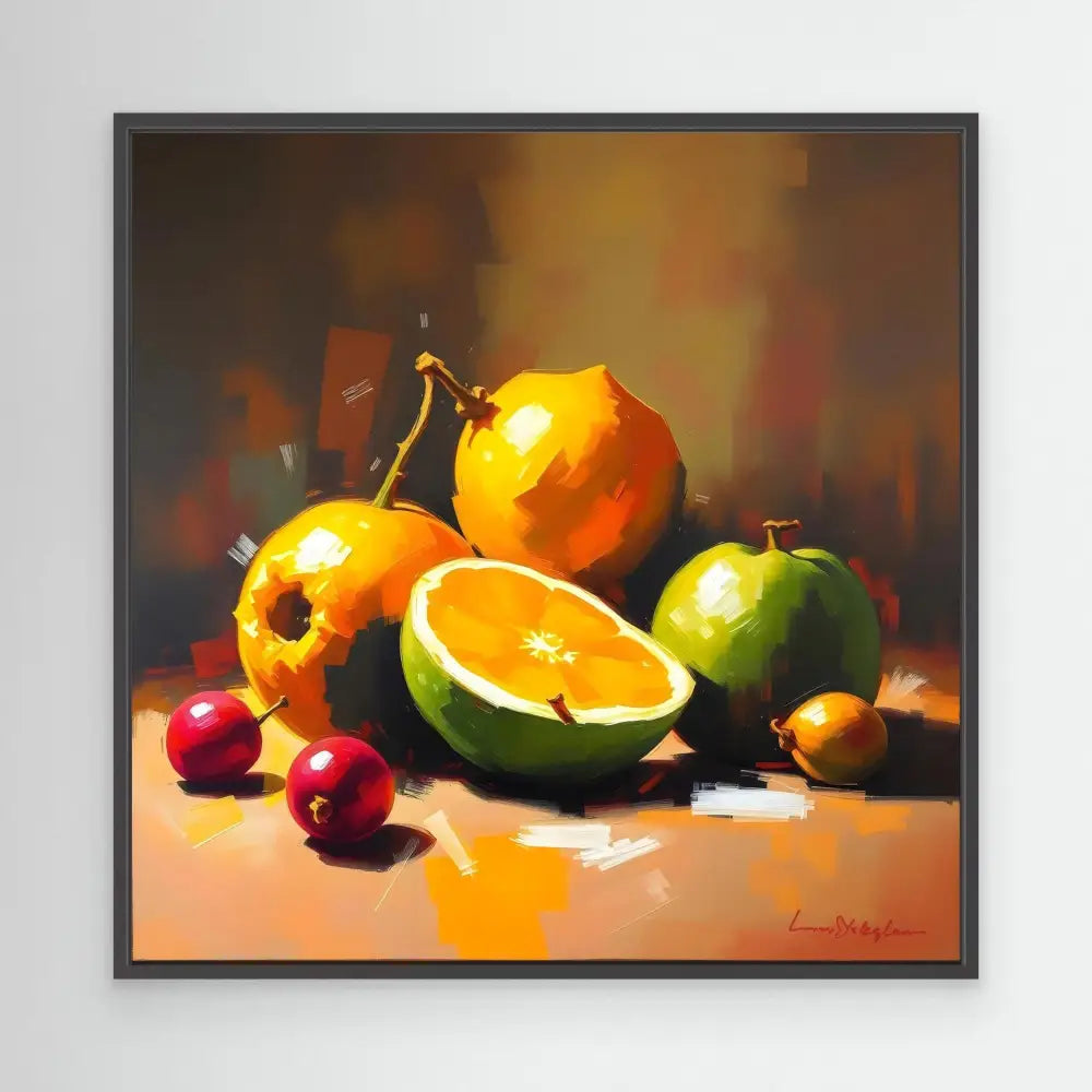 A still life painting of oranges, cherries and a green apple arranged on a surface.