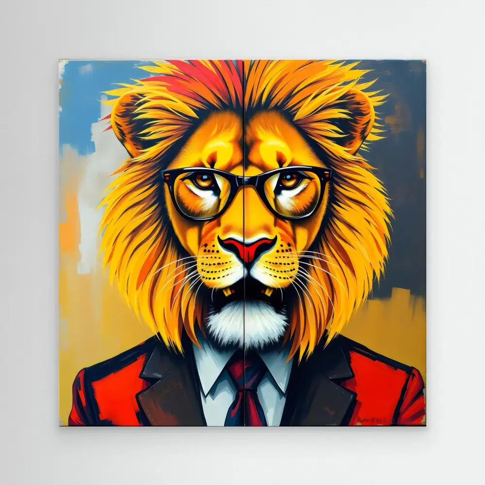 Lion wearing glasses, a suit jacket and tie in a stylized artistic portrait.