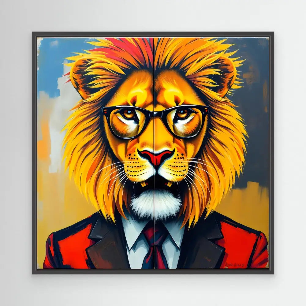 Lion wearing glasses, a suit and tie in a stylized pop art portrait.