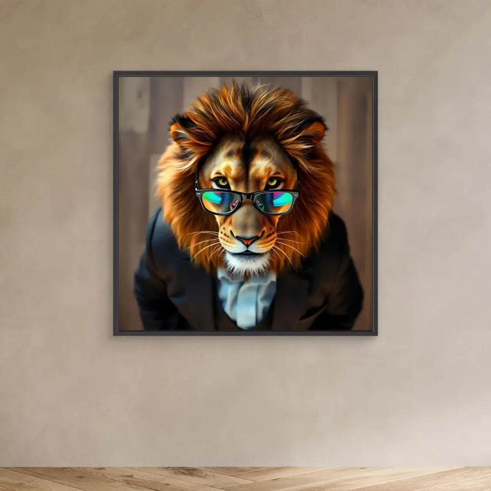 Lion wearing sunglasses and a business suit.