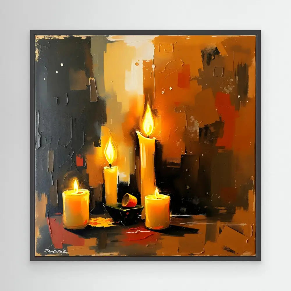 Lit candles glowing warmly against a dark abstract backdrop.