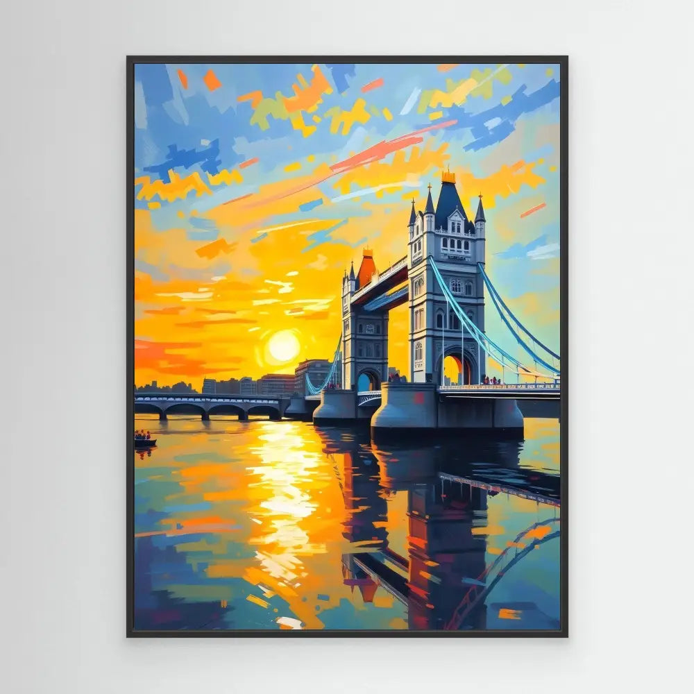 London’s Tower Bridge stands silhouetted against a vibrant sunset sky.