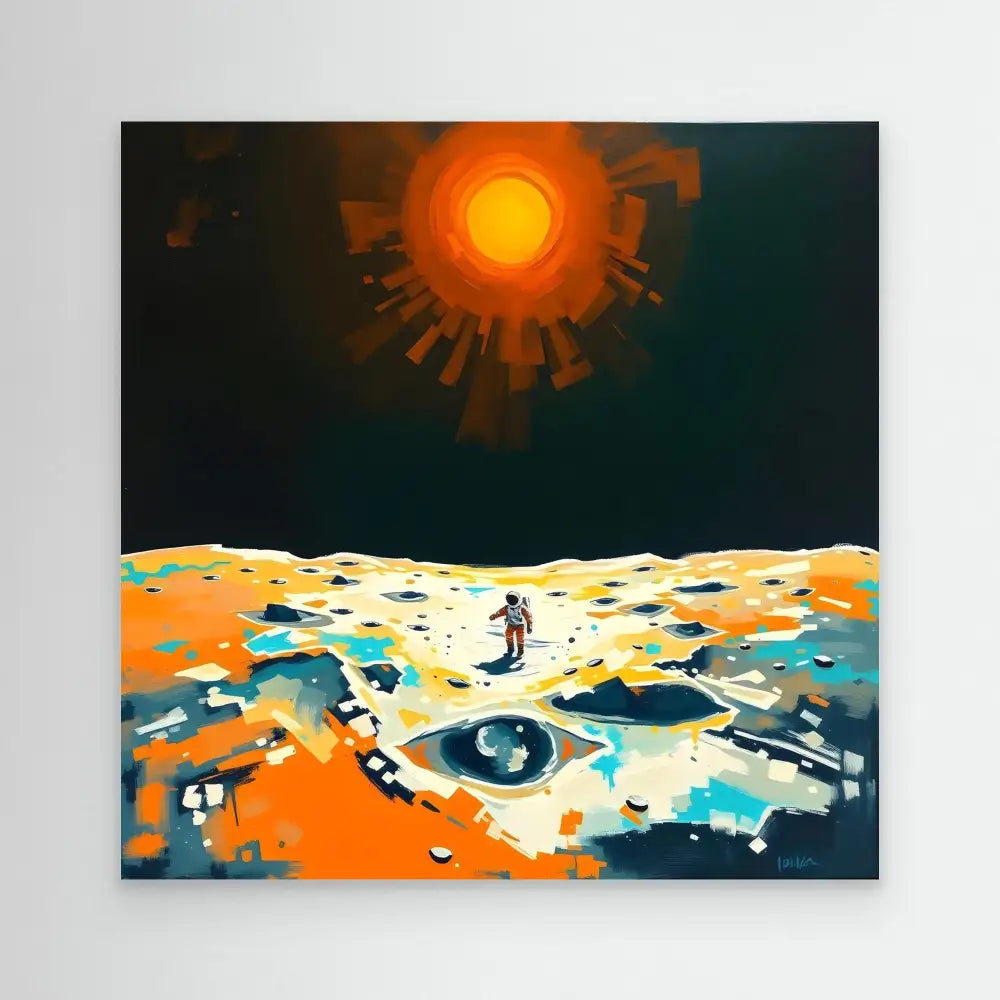 A lone astronaut stands on a surreal, colorful lunar landscape beneath a glowing sun.