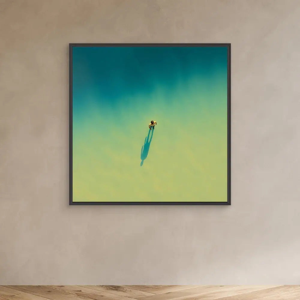 A lone surfboard casting a shadow on turquoise water.