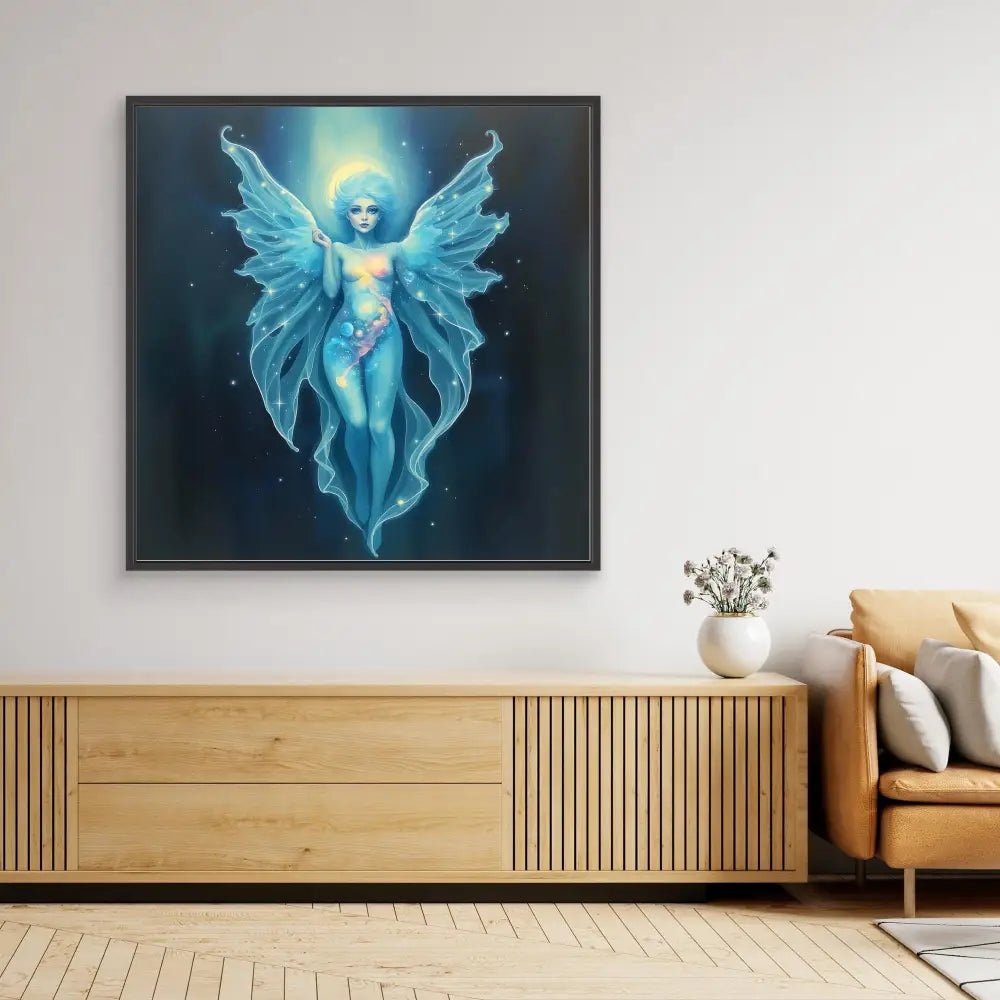 A luminous blue fairy with ethereal wings radiating magical energy.