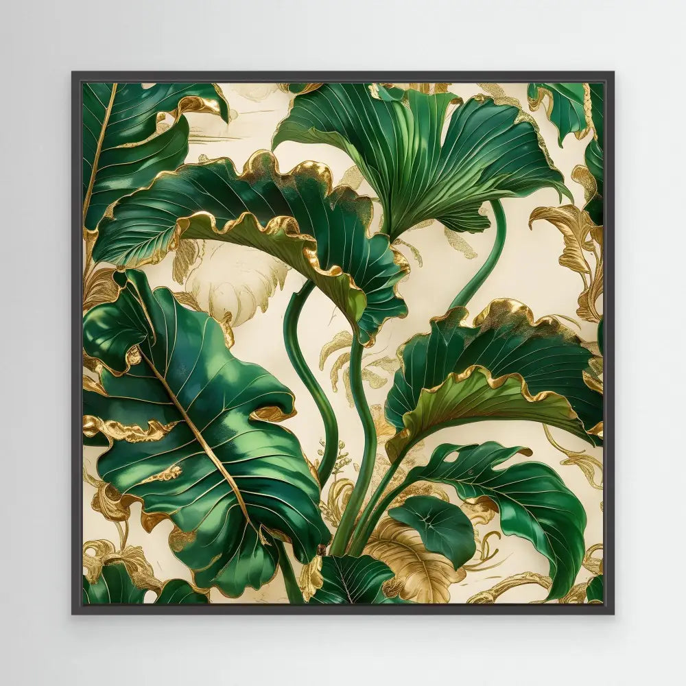 Lush green and gold tropical leaves arranged in a decorative pattern.