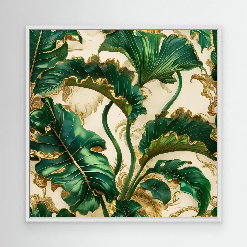 Lush green tropical leaves with golden accents in an artistic pattern.