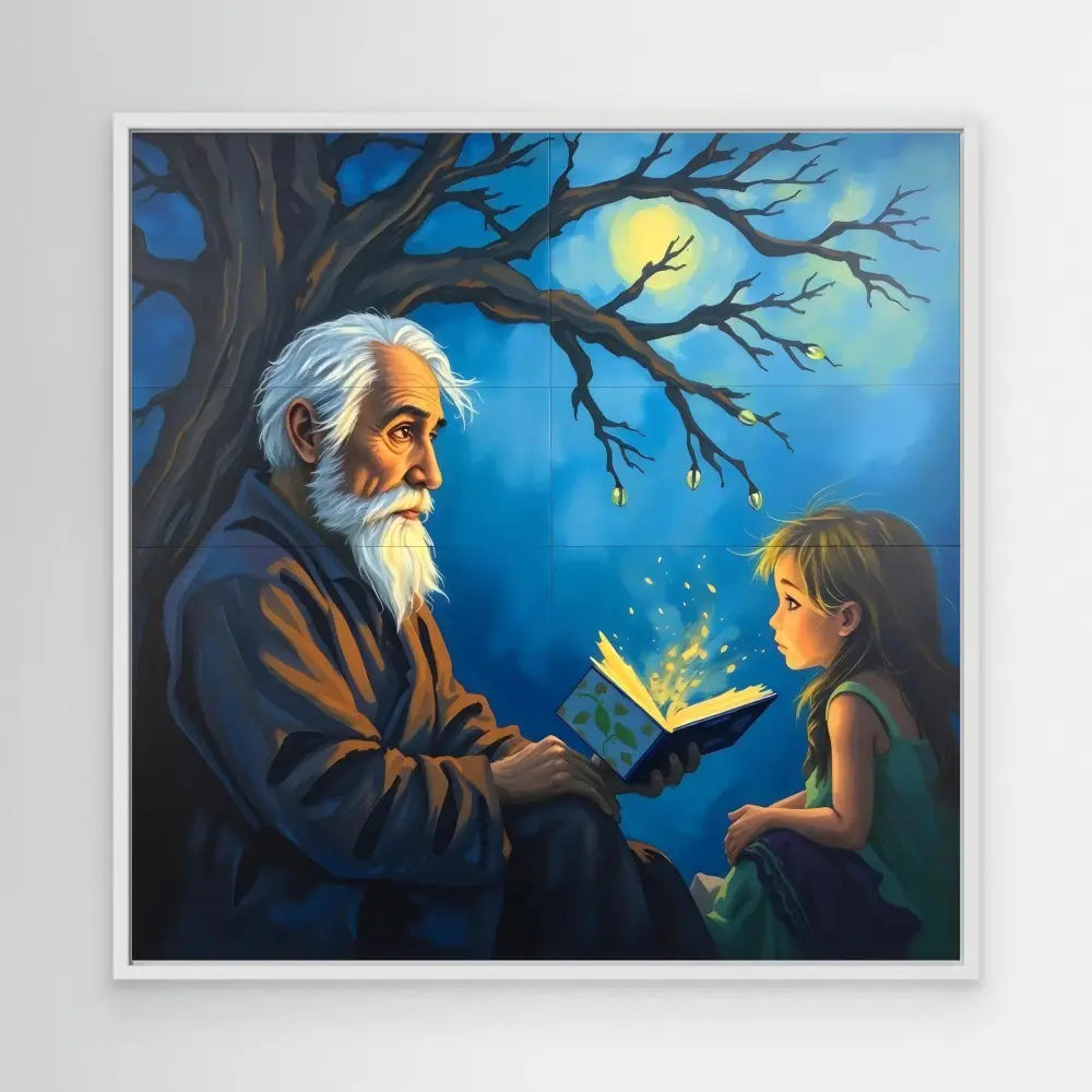 A magical book glowing with golden light between an elderly man and a child under moonlit tree branches.