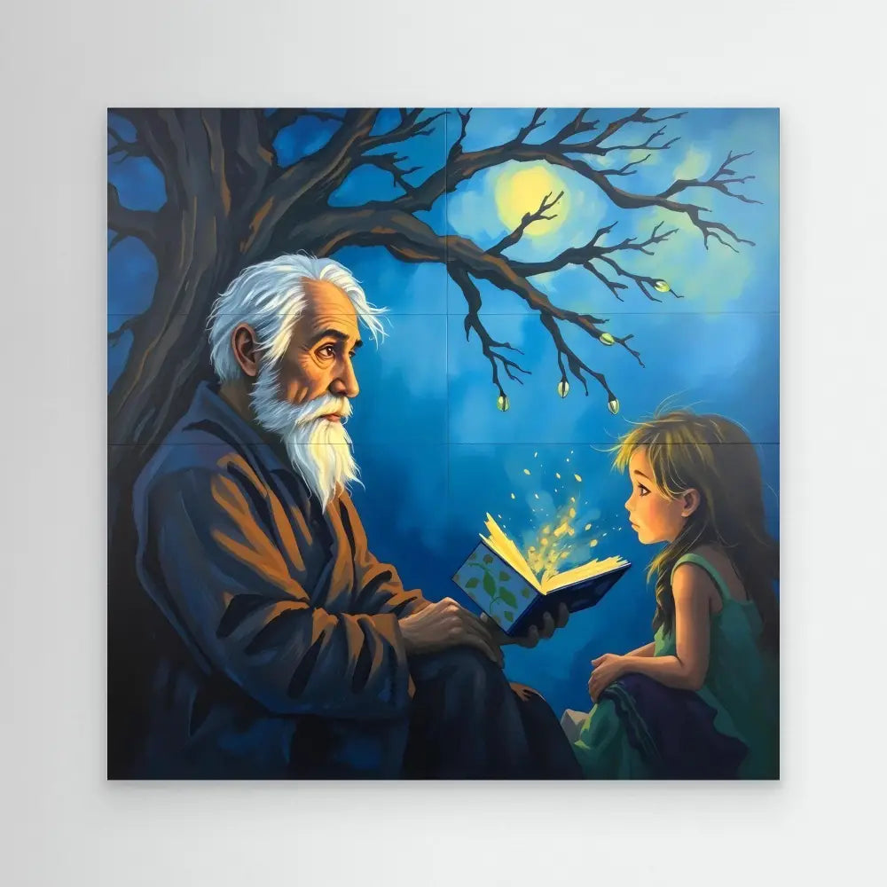 A magical glowing book being shared between an elderly man and a young child under moonlight.