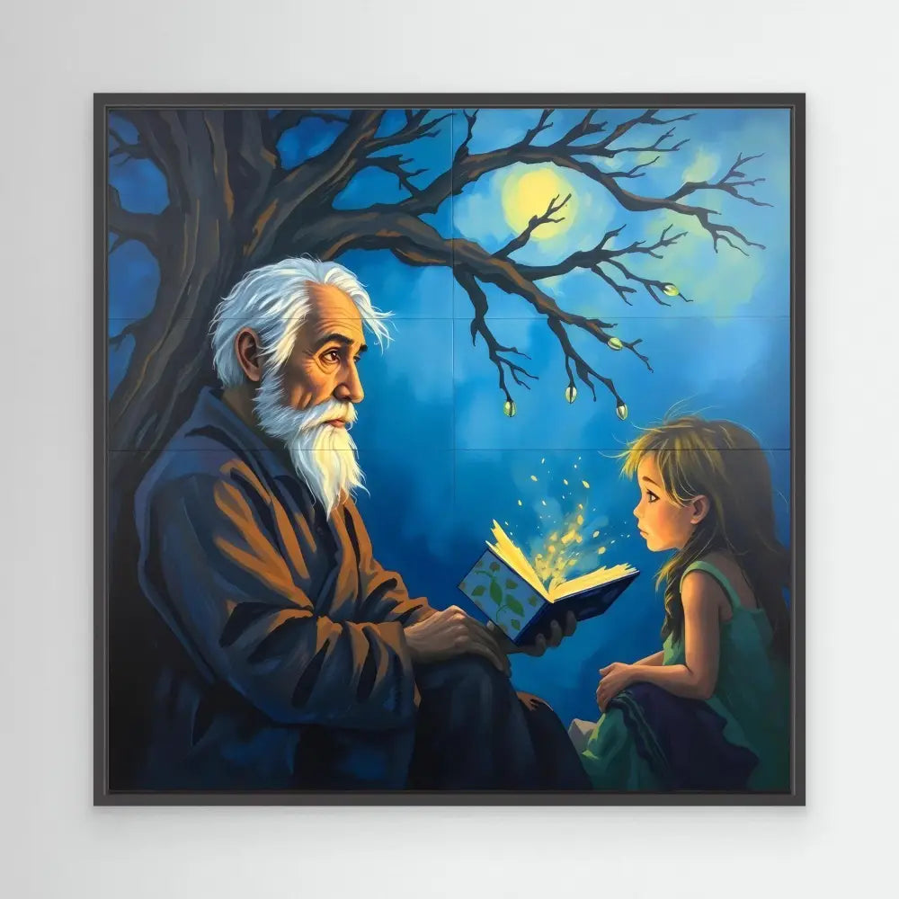 A magical moment between an elderly man with a white beard reading from a glowing book to a young child under moonlit tree branches.