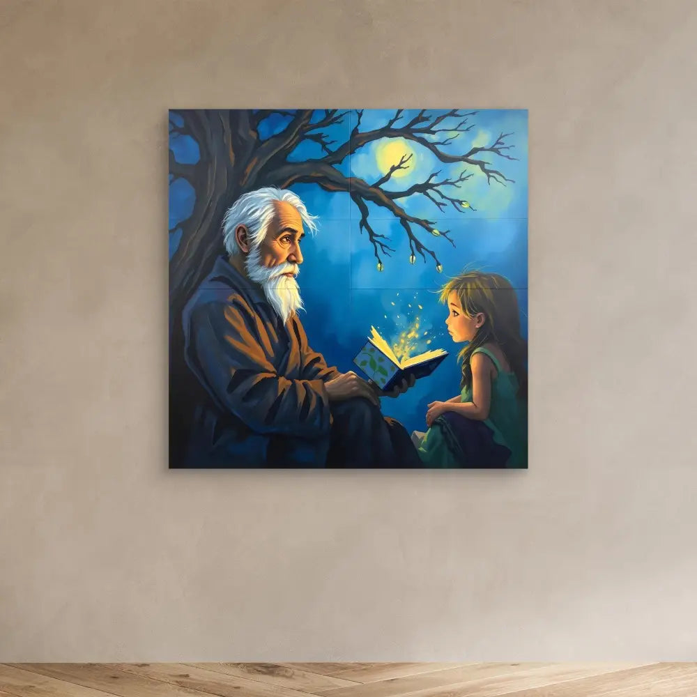 A magical painting depicting an elderly figure sharing a glowing book with a child under a moonlit tree.