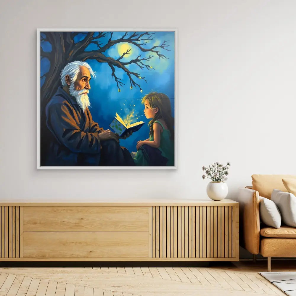 A magical painting depicting an elderly figure sharing a glowing book with a child under moonlight.