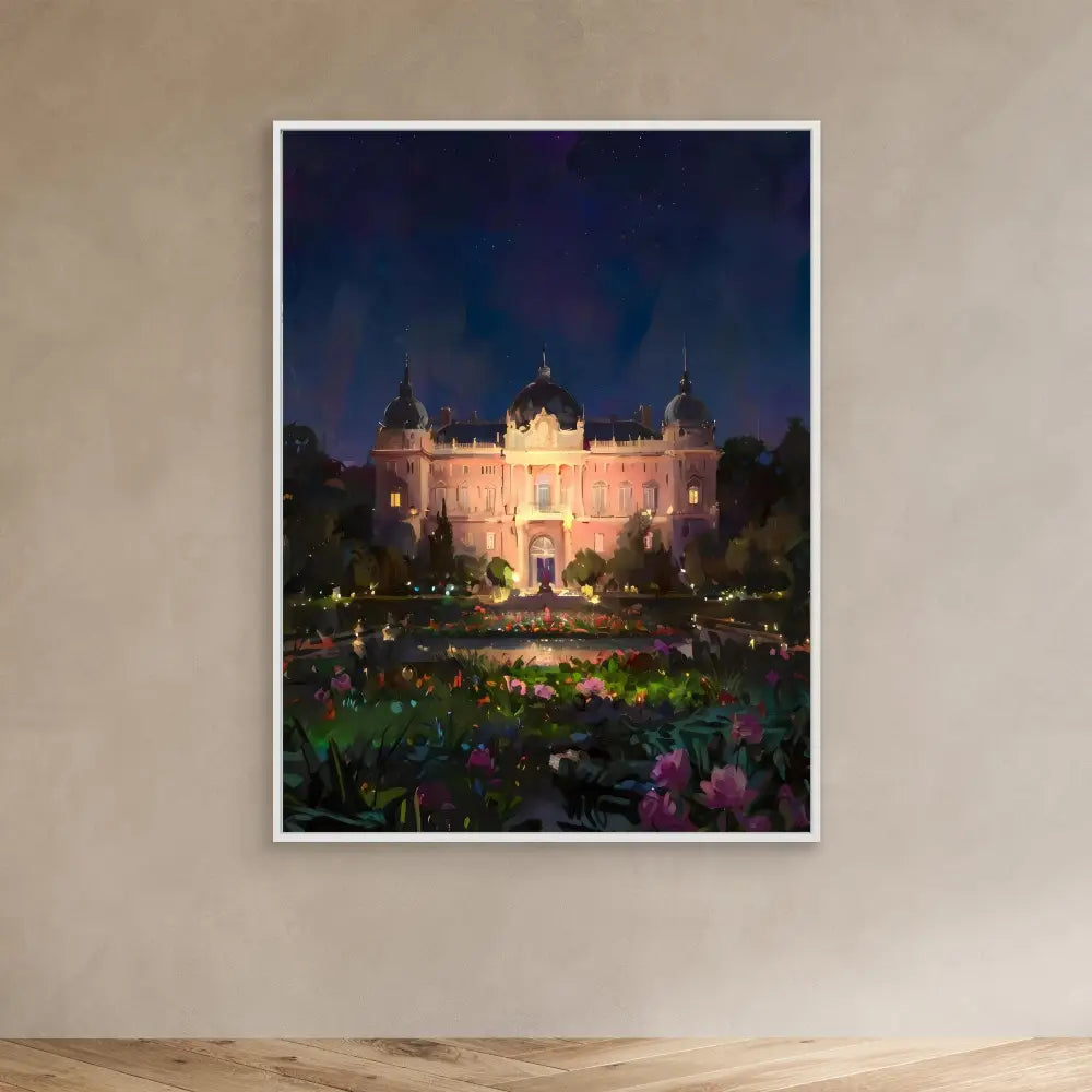 A majestic illuminated castle with ornate architecture and flowering gardens at twilight.