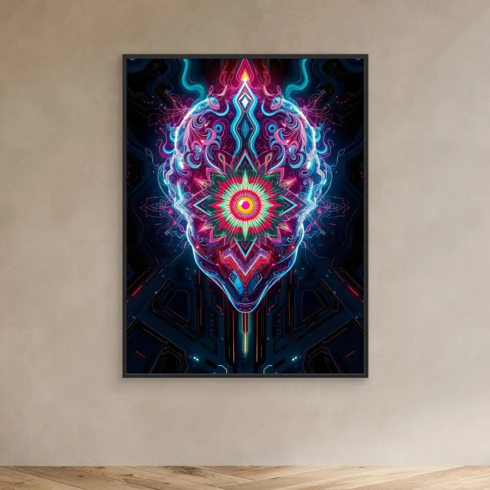 Glowing mandala-like design with neon blue and pink patterns radiating from a central eye shape.