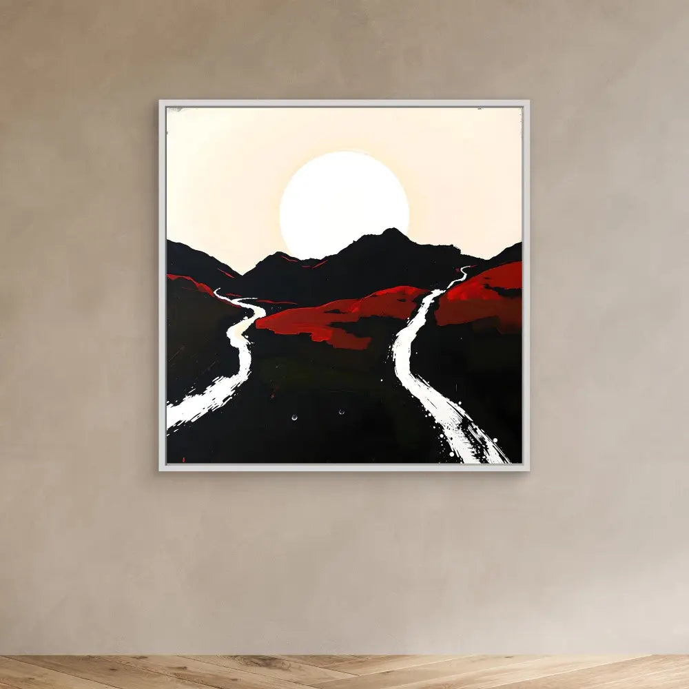 Minimalist artwork depicting a mountainous landscape with winding paths under a bright moon.