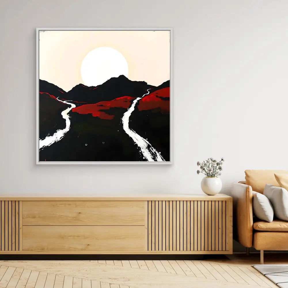 Minimalist artwork depicting a sunset over mountains with winding paths in black, white and red.