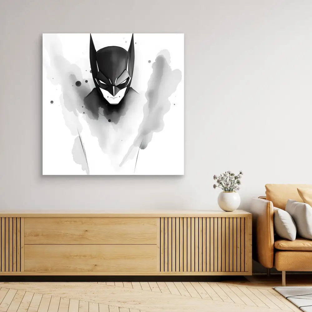 Minimalist black and white Batman artwork on a canvas.