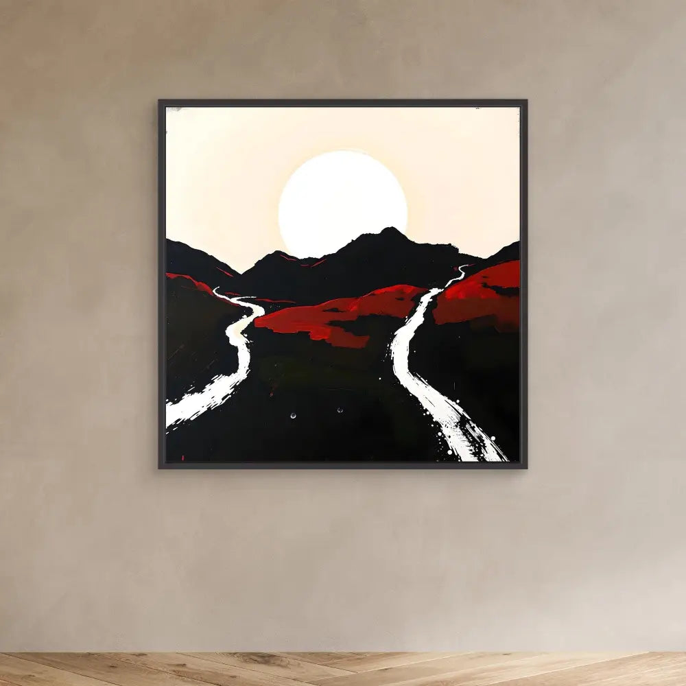 Minimalist landscape painting featuring black mountains, red hills, white paths, and a full moon.