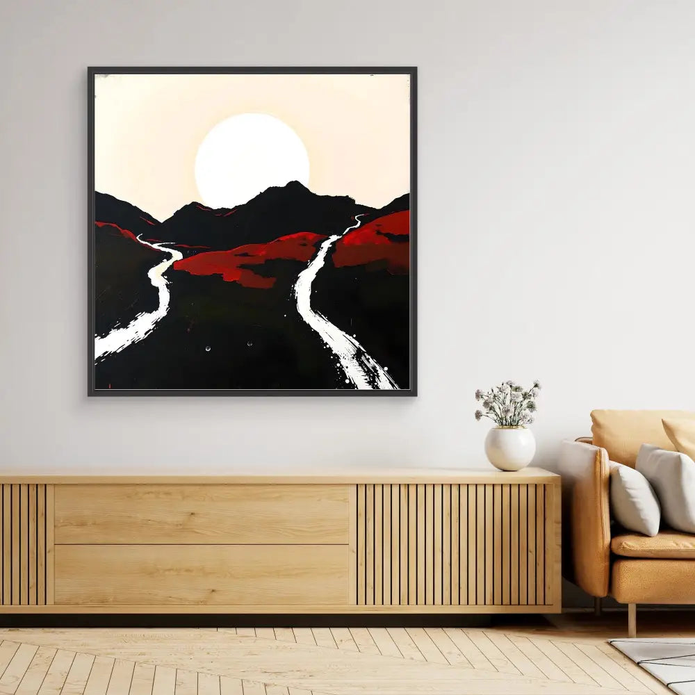 Minimalist landscape painting featuring black mountains, winding white paths, and a white sun against a reddish backdrop.