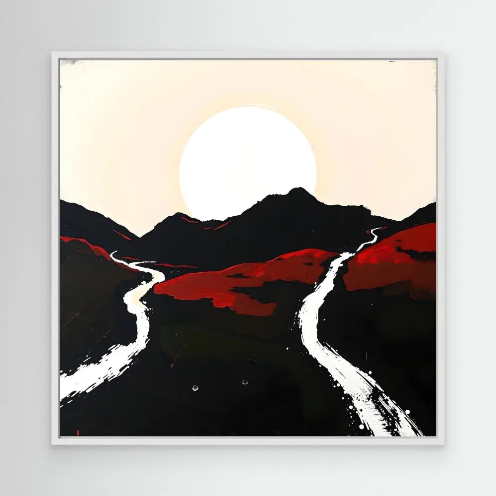 Minimalist landscape painting featuring dark mountains, winding white paths, and a bright sun against red terrain.