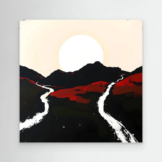 Minimalist landscape painting featuring winding white paths through black mountains against a setting sun.