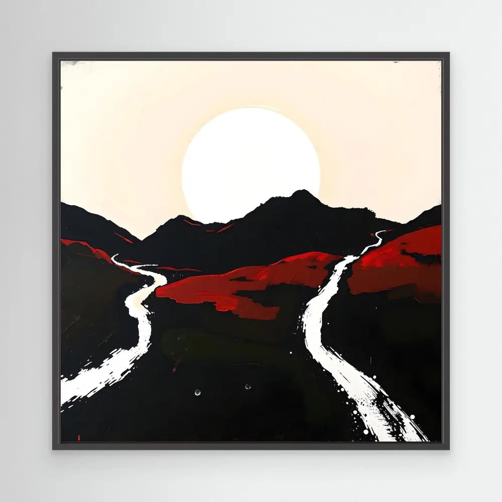 Minimalist landscape painting featuring winding white paths through dark mountains against a setting sun.