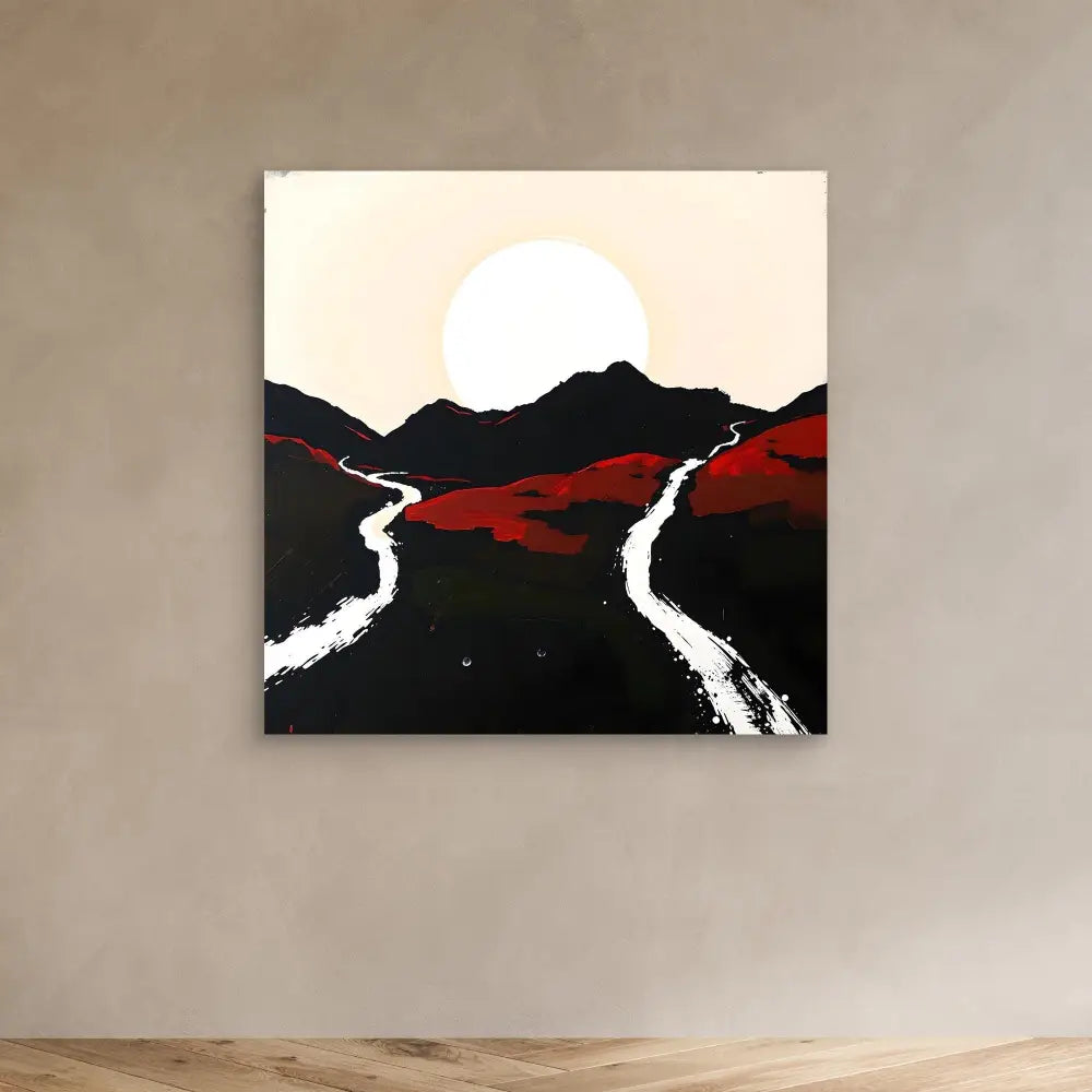 Minimalist painting of mountains with winding white paths under a bright sun.