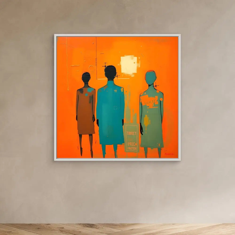 A minimalist painting of three silhouetted figures against a vibrant orange background.