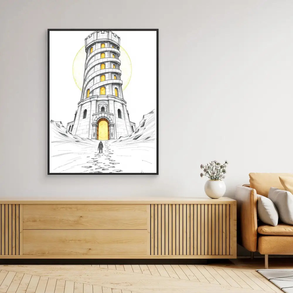 A minimalist sketch of a lighthouse with illuminated yellow windows.