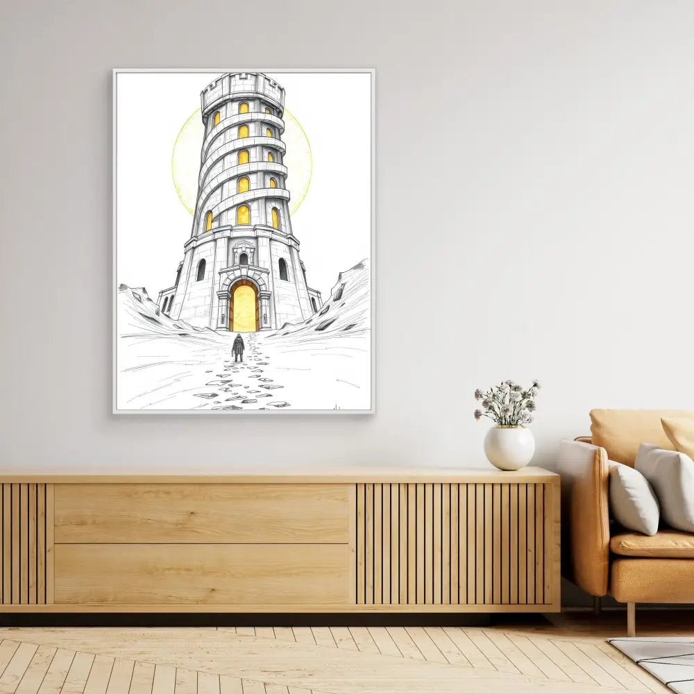 A minimalist sketch of a lighthouse with yellow-lit windows and a silhouetted figure at its base.