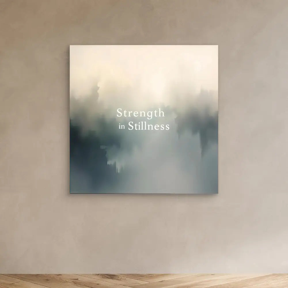 Minimalist wall art featuring misty blue-gray tones and white text reading ’Strength in Stillness’