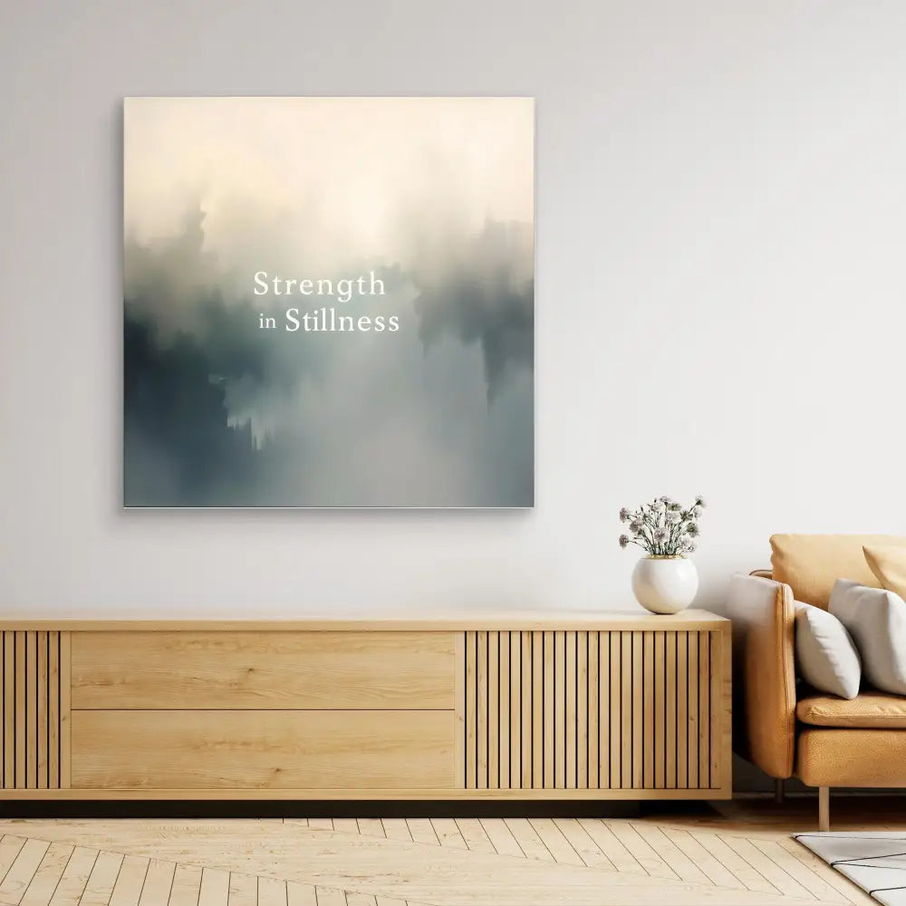 Minimalist wall art featuring misty gray tones and text reading ’Strength in Stillness’