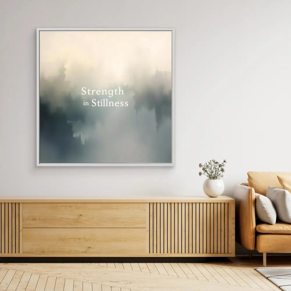 Minimalist wall art featuring the text ’Strength in Stillness’ on a misty gradient background.