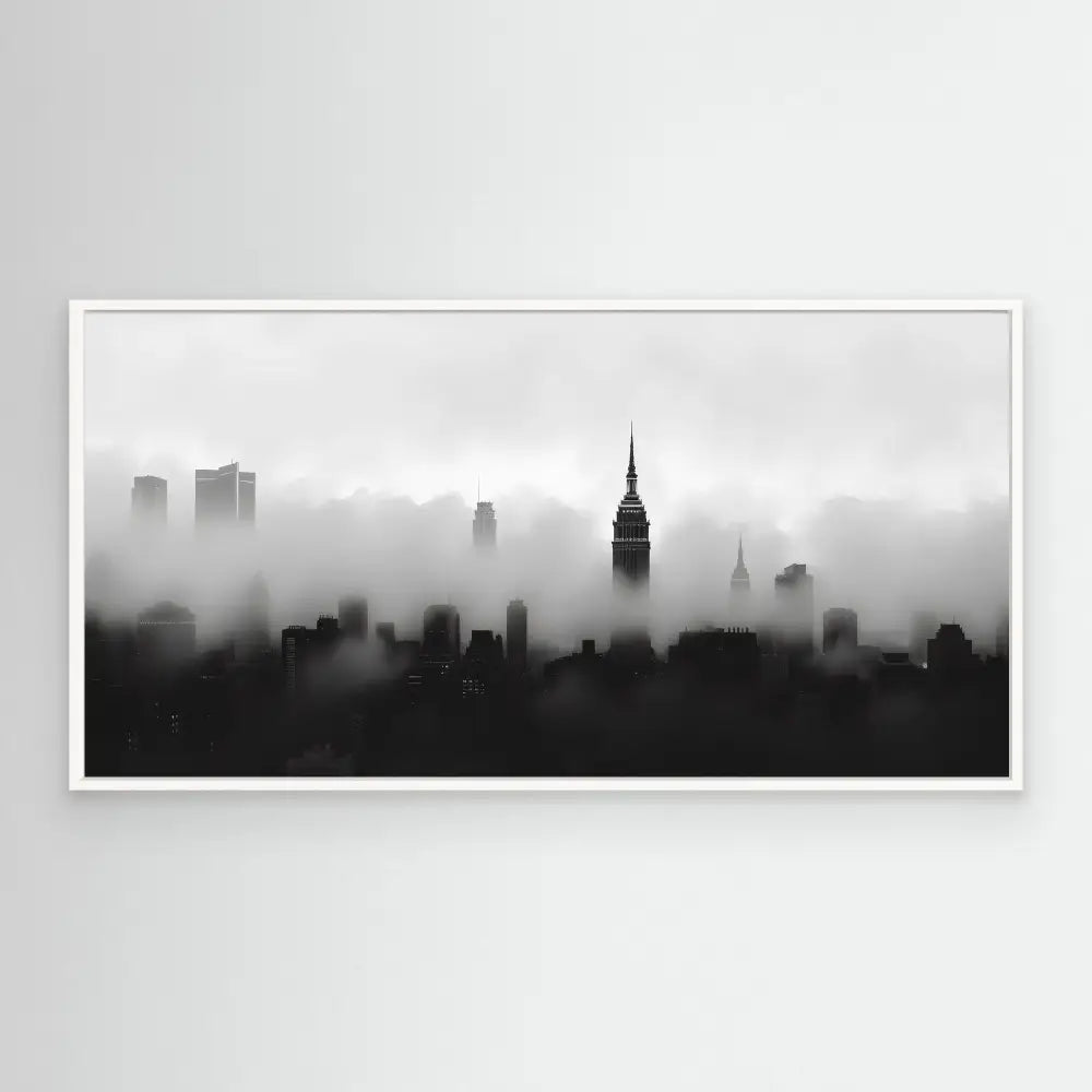 A misty black and white silhouette of the New York City skyline featuring the Empire State Building.