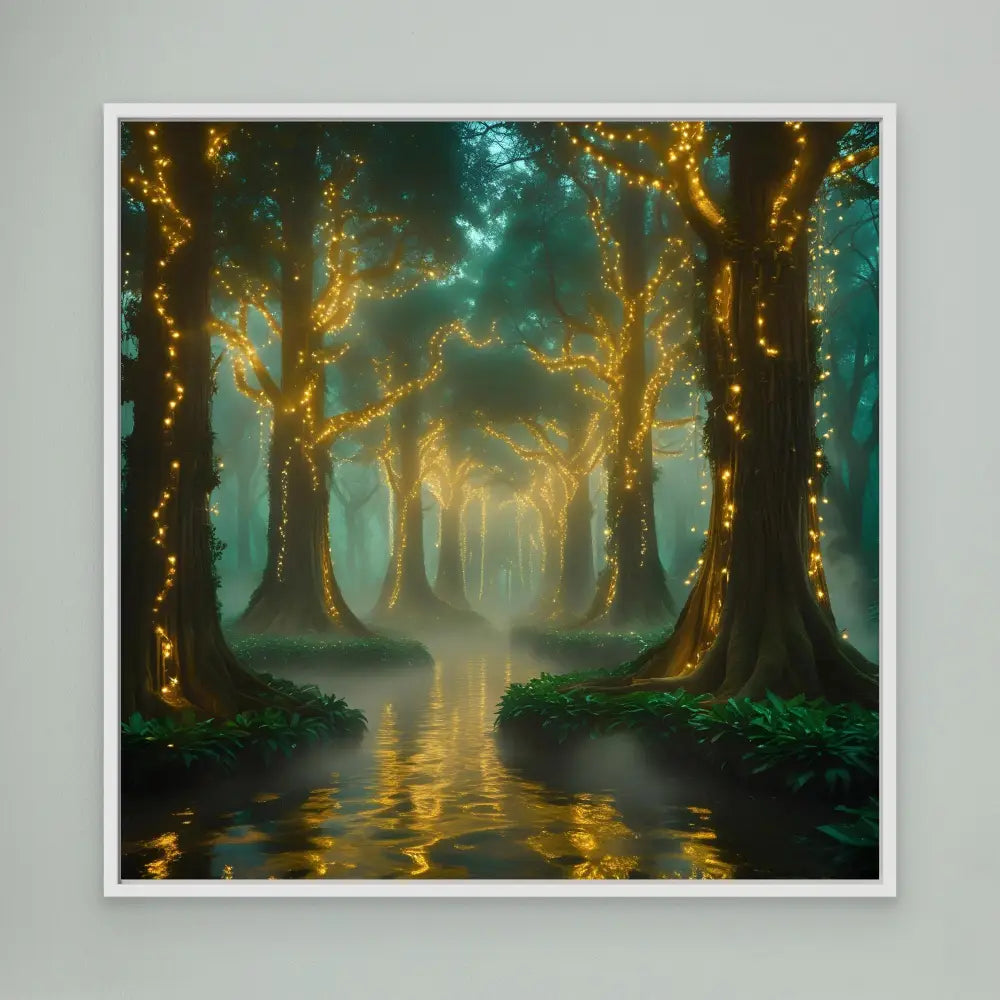 A misty forest path with illuminated trees reflecting in still water.