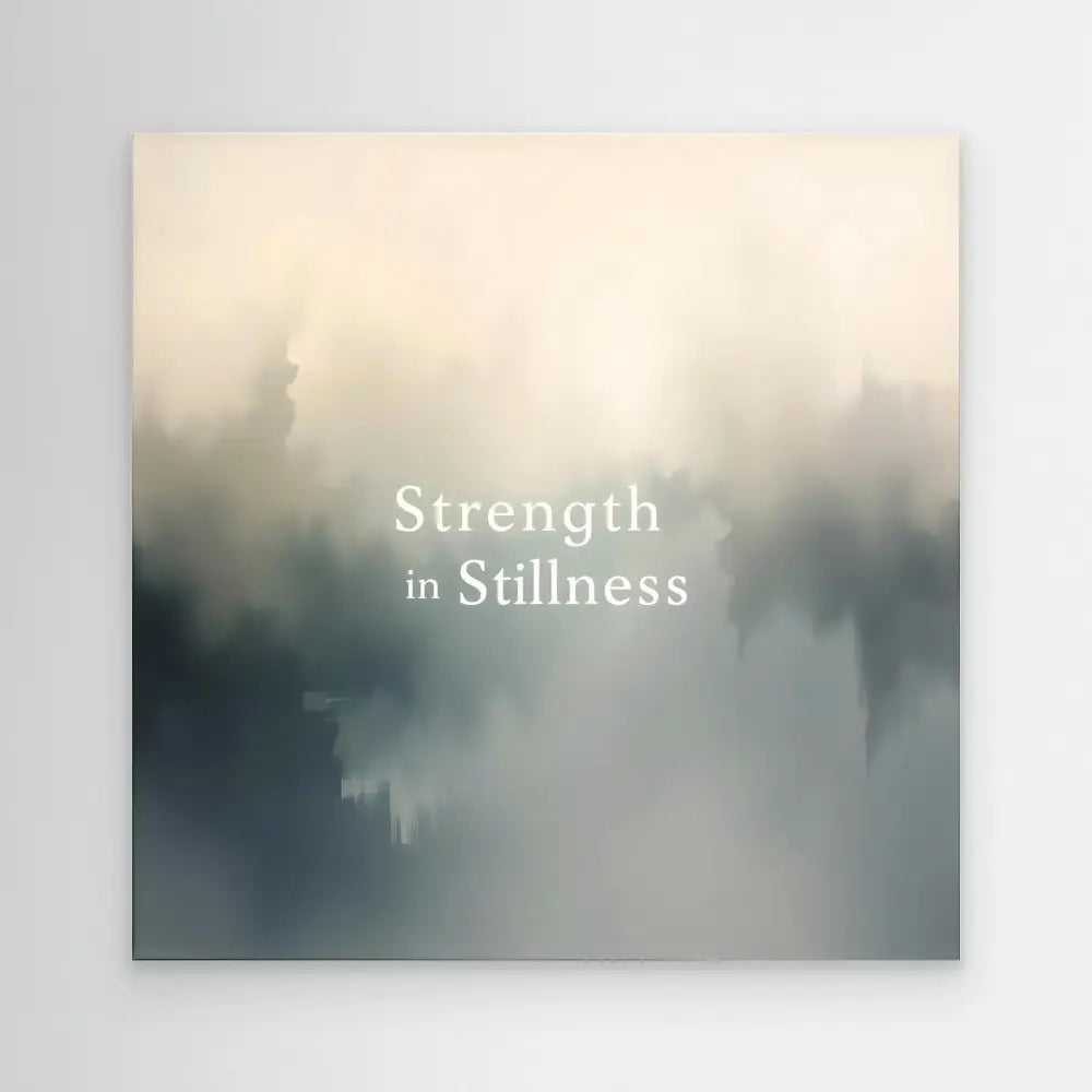 A misty gradient design with white text reading ’Strength in Stillness’