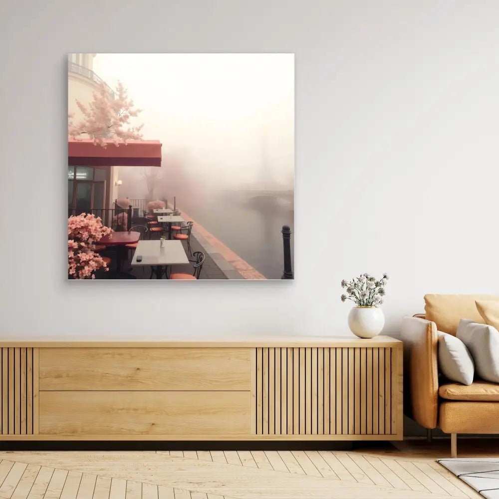 A misty outdoor cafe scene captured in a square wall art print.