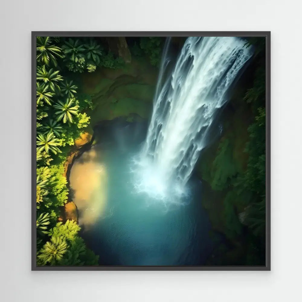 A misty waterfall cascades down a rocky cliff amid tropical foliage.