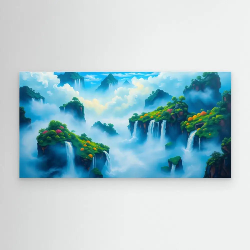 Misty waterfalls cascade down green cliffs in a dreamlike landscape painting.