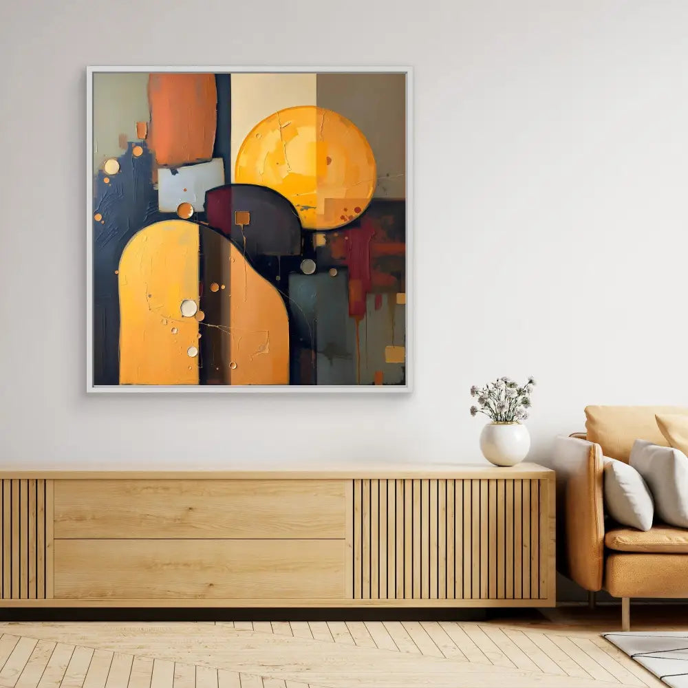 Modern abstract art piece featuring geometric orange and black shapes with circular elements.