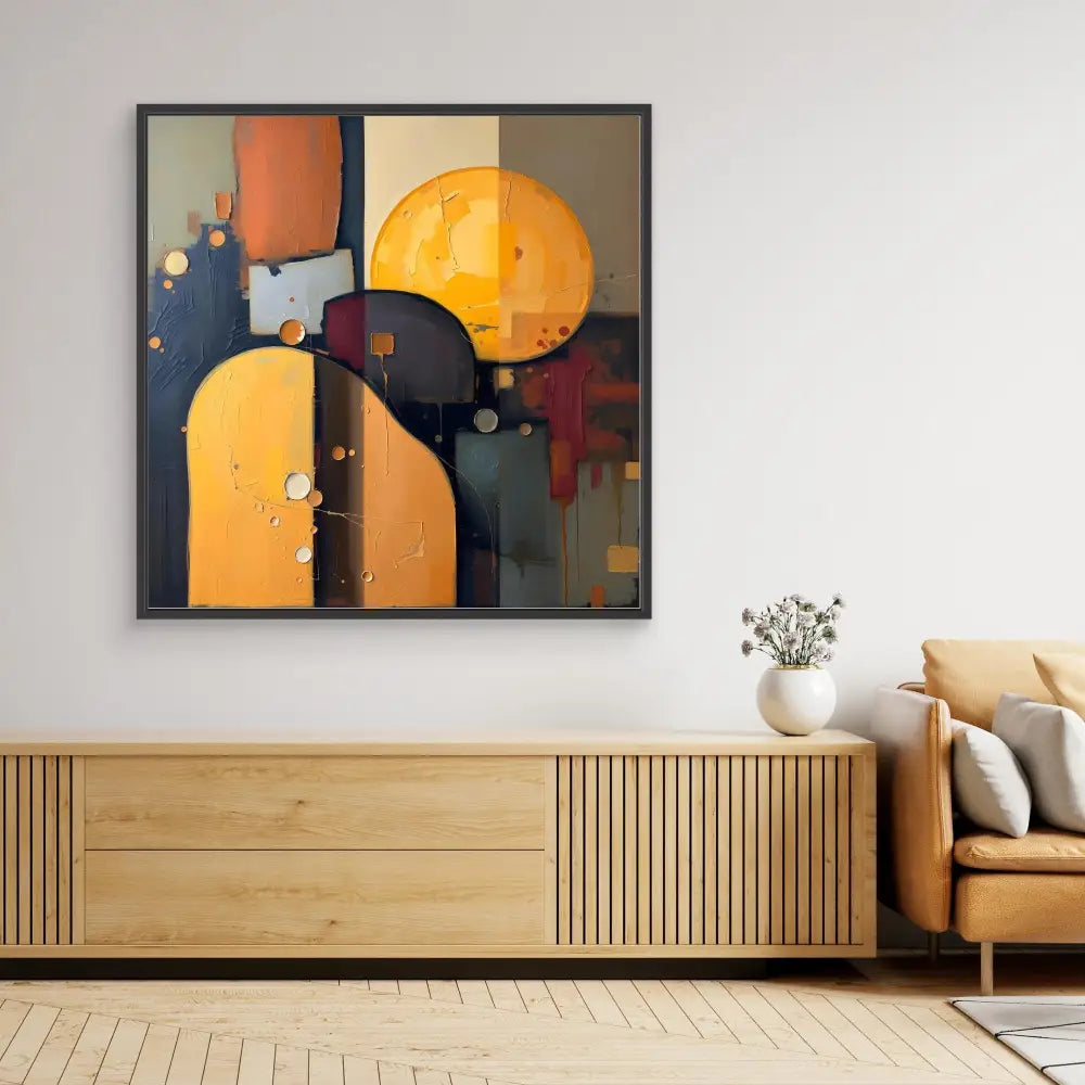 Modern abstract art piece featuring geometric shapes in orange, black and burgundy tones.