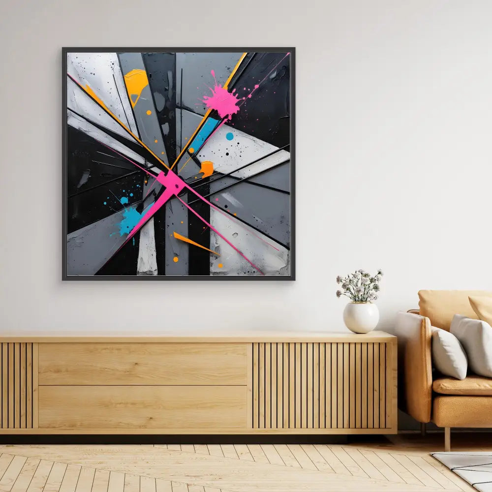 Modern abstract artwork featuring geometric shapes in black, gray, pink and orange with paint splatter effects.