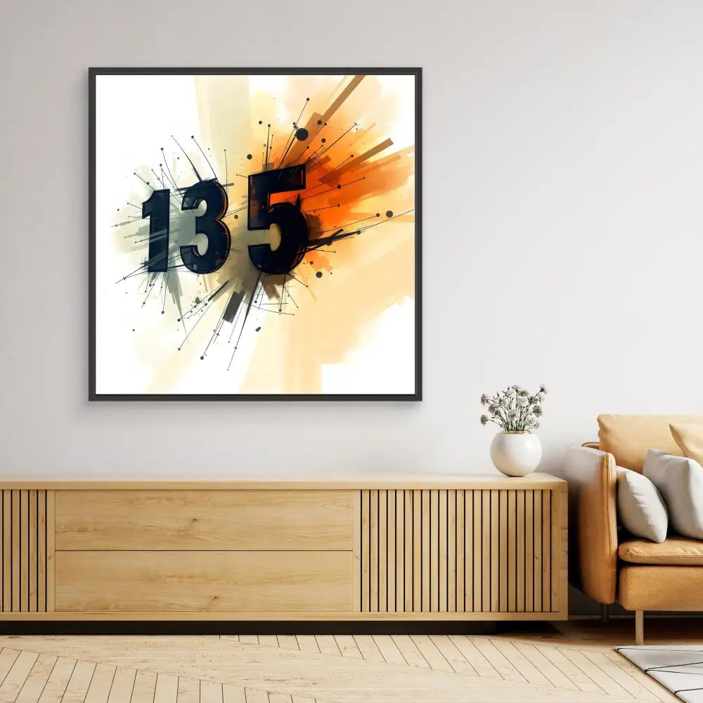 Modern abstract artwork featuring the number ’135’’ with an explosive orange watercolor splash effect.