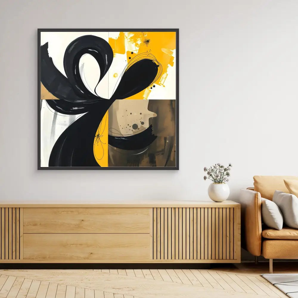 Modern abstract painting featuring bold black curved shapes against yellow and neutral tones.