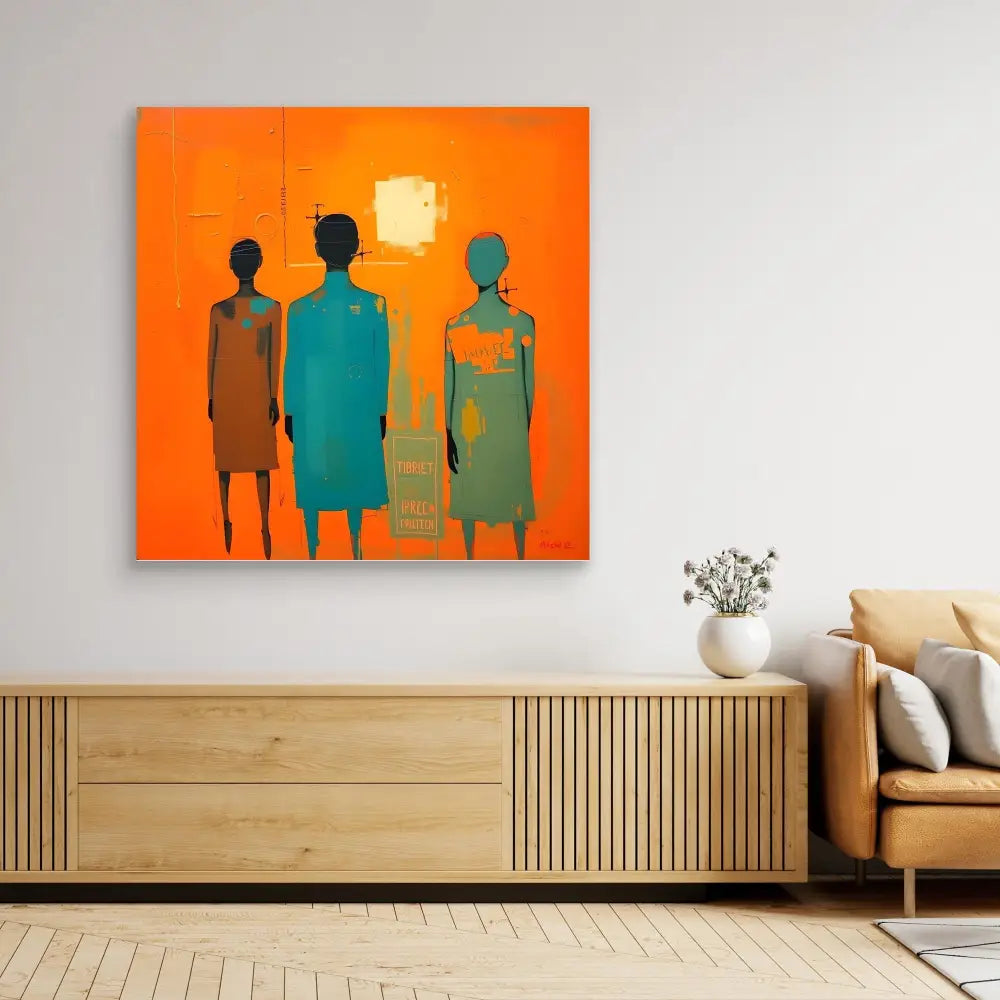 Modern abstract painting featuring three silhouetted figures against a vibrant orange background.