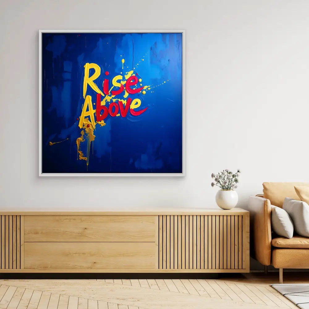 Modern abstract wall art featuring colorful letters ’RAE’ with paint splatter effects against a blue background.