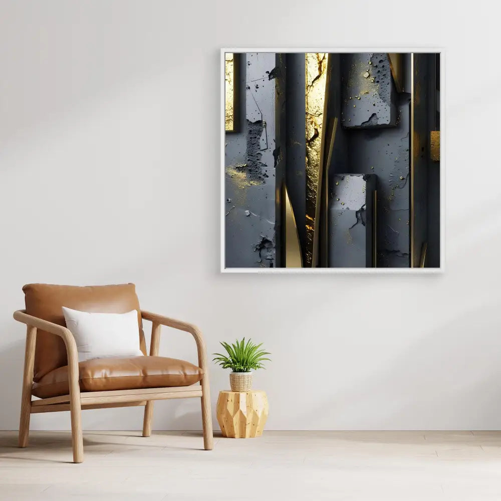 Modern abstract wall art featuring metallic black and gold vertical elements.