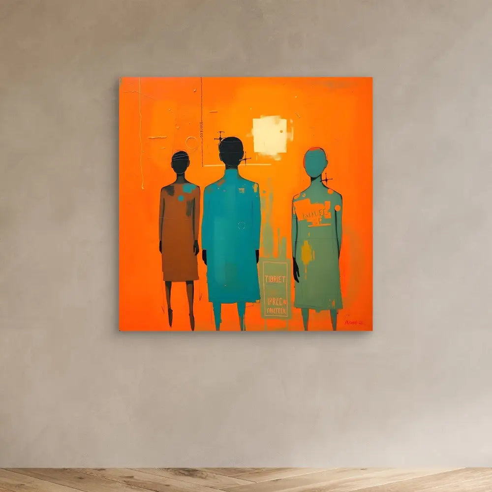 Modern art painting featuring three silhouetted figures against a vibrant orange background.