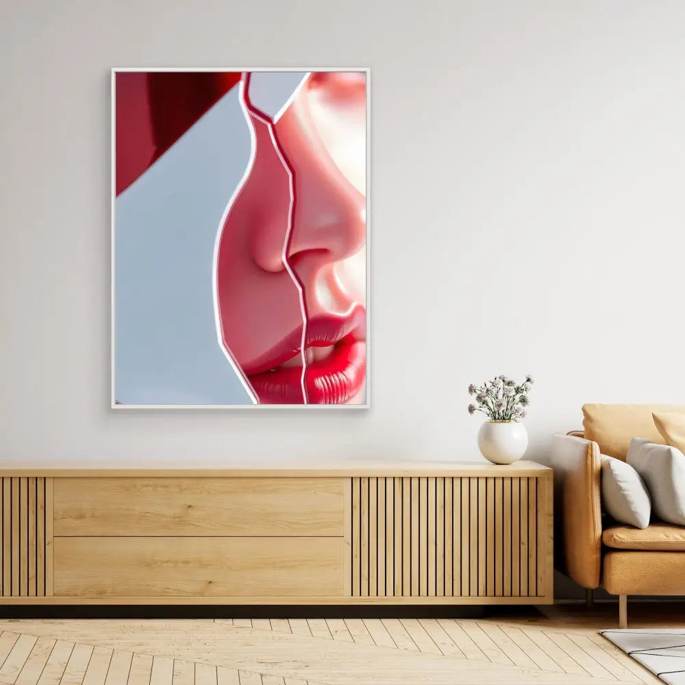 Modern art piece featuring a close-up profile view with bright red lips against a white background.